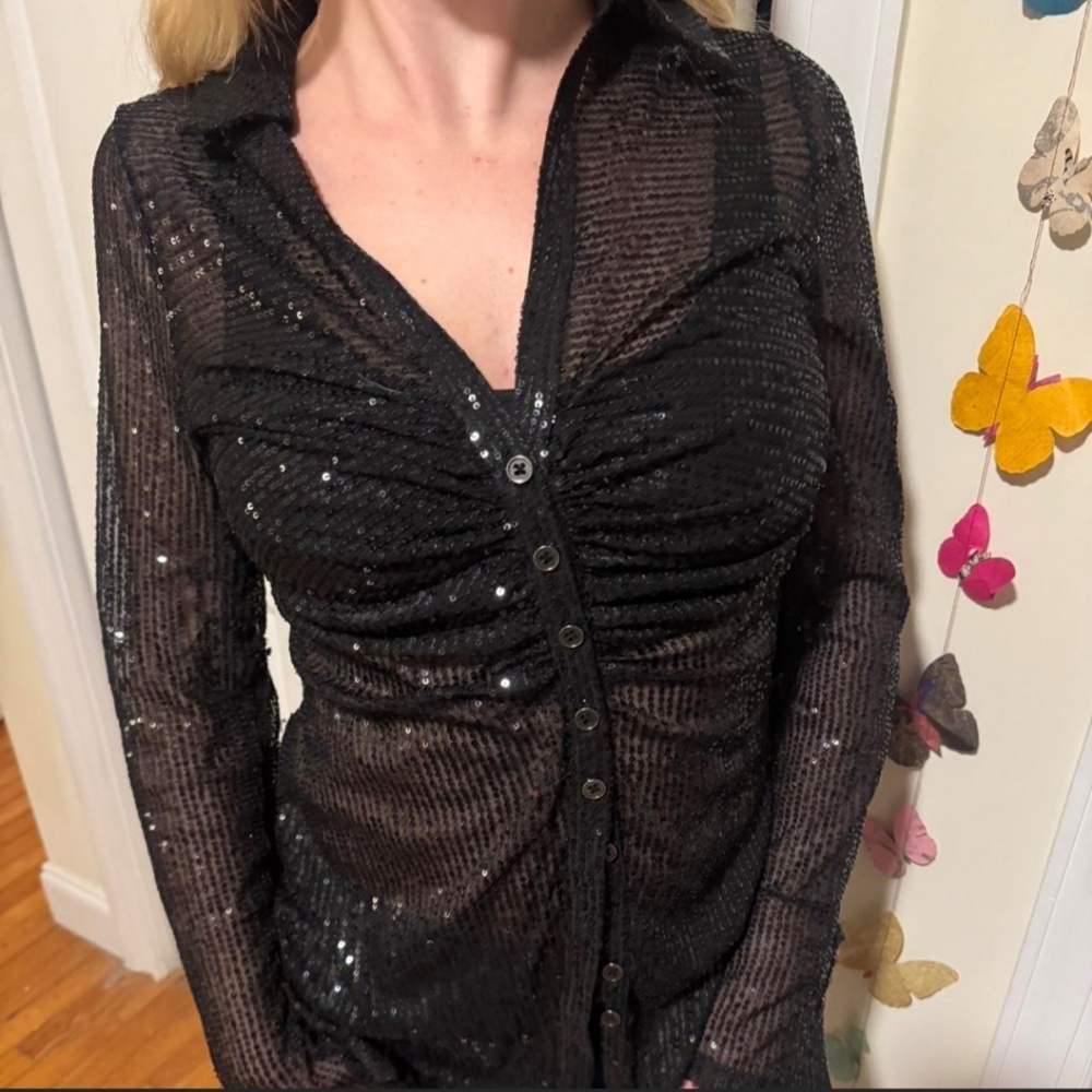 Free People Elegant Black Sequin Button-Up Top - Picture 2 of 6